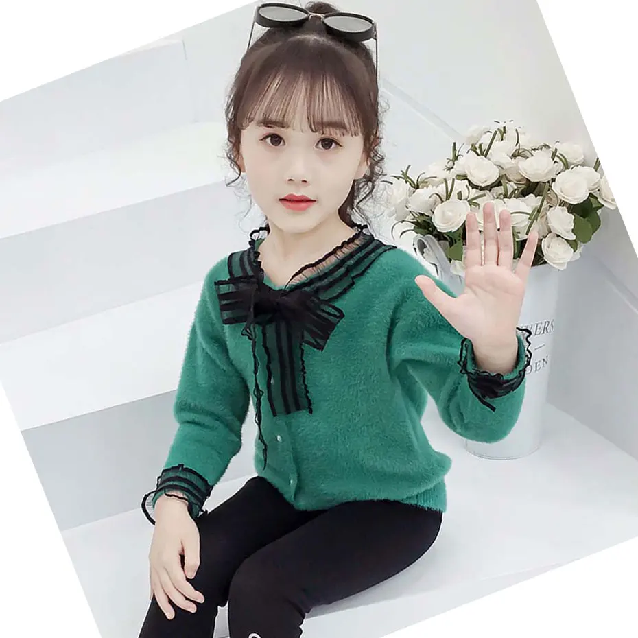 

Girls Sweaters Thick Velvet Girl Cardigan Lace Patchwork Children's Jumpers Preppy Winter Warm Child's Clothing For girls Party