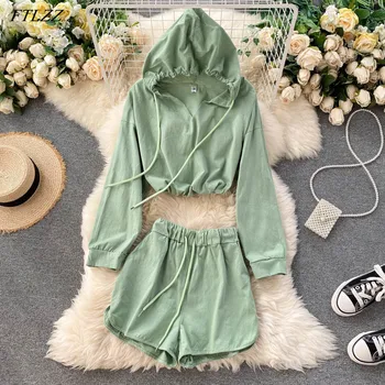 

FTLZZ New Autumn Elegant Female Solid Shorts Two Piece Set Casual Loose Long Sleeve Hoodies Pullover and Wide Leg Short