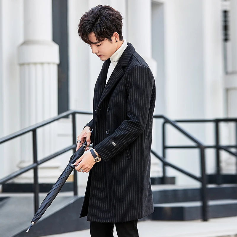 black strips Новинка, Мужская двубортная ветровка, высокое качество, повседневное шерстяное пальто, модное мужское зимнее теплое приталенное длинное шерстяное пальто, S-3XL - Цвет: black strips