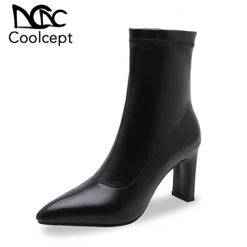

CoolCept New Women Ankle Boots Solid Color Stretch Boots Pointed Toe Slip On High Heel Shoes Winter Warm Shoes Women Size 33-45