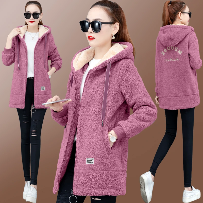 Fashion Hooded Trench Coat Female Autumn Winter Windbreaker Coat Cardigan Lamb wool coats Youth clothing for women Fleece jacket