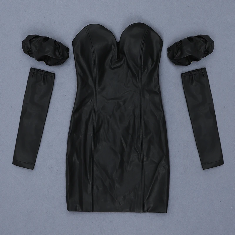 INDRESSME New Arrivals Black PU Dress Off Shoulder Long Sleeves Button Lace Aymmetrical Hemline Women Fashion Wrap Dress