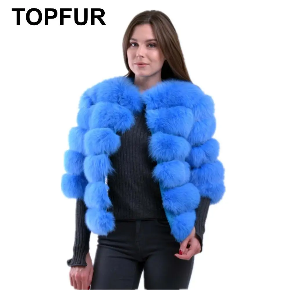 TOPFUR модные зимние женские короткие пальто из натурального меха для женщин, пальто из синего лисьего меха, стандартные пальто с круглым вырезом, одежда с рукавами средней длины