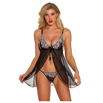

Hot Erotic Costumes Flower Lace Transparent Sexy Lingerie Women Sexy Underwear Set G-string Porno Nightdress Babydoll Sleepwear