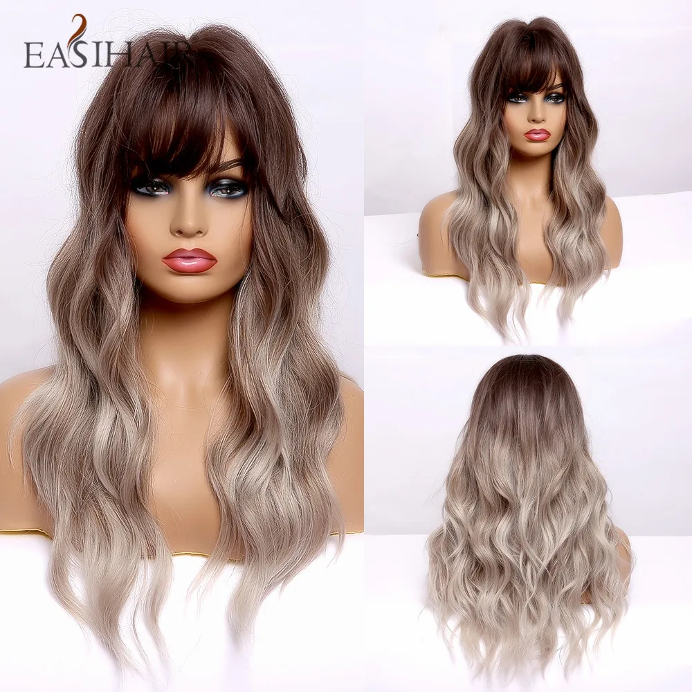 Synthetic Wigs Bangs Blonde Brown EASIHAIR Natural Medium-Length Women Wavy Heat-Resistant