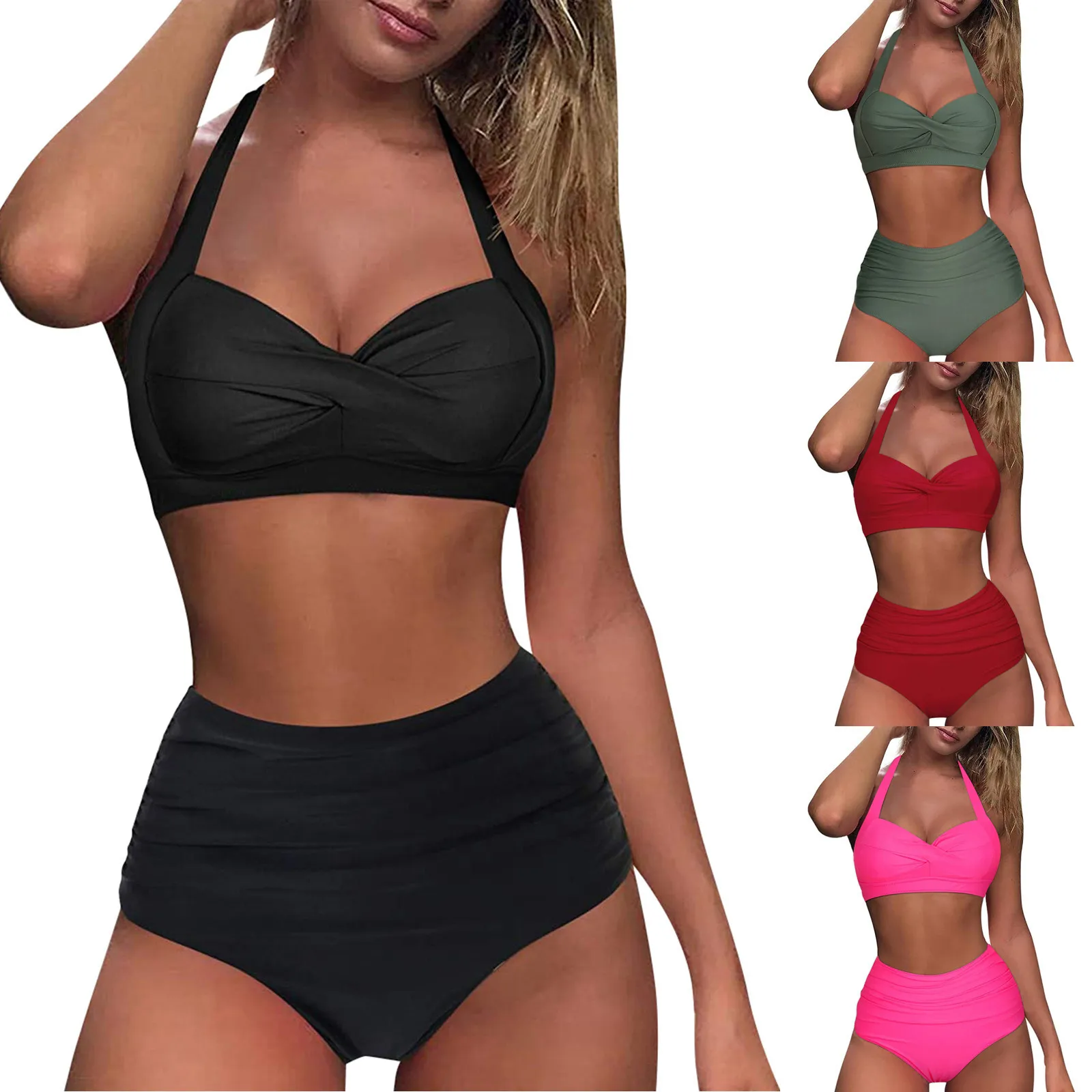 Bañador Vintage de 2 piezas para mujer, traje de baño Retro con cuello Halter, bañador fruncido de cintura alta, conjunto de Bikini estampado, 2021