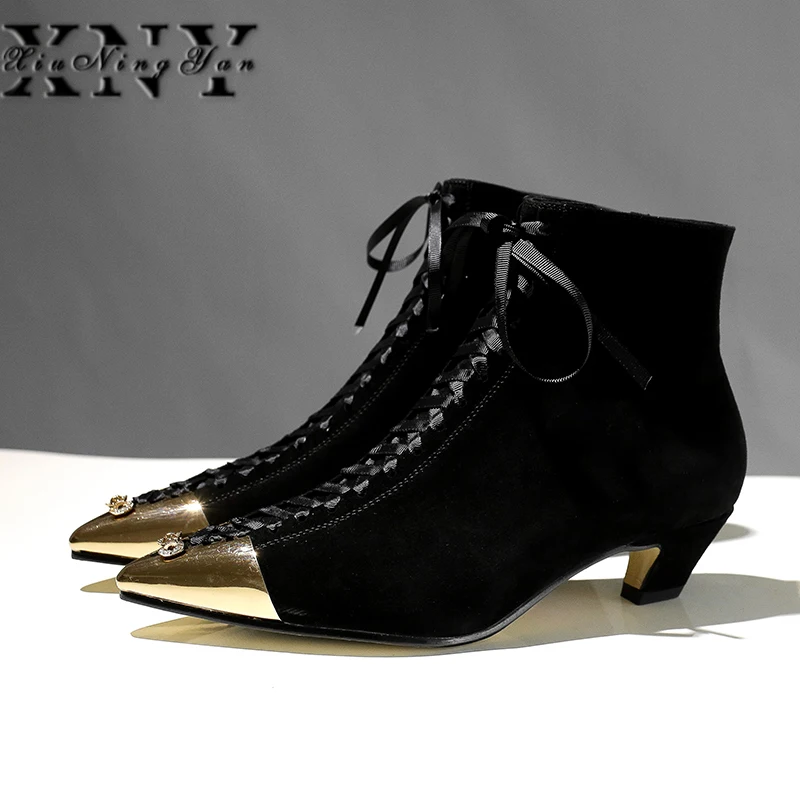 Xiuningyan Shoes Woman Hot Sale Kid Suede Pointed Metal Toe Mixed Color Butterfly-knot Med Heels European Designer Ankle Boots