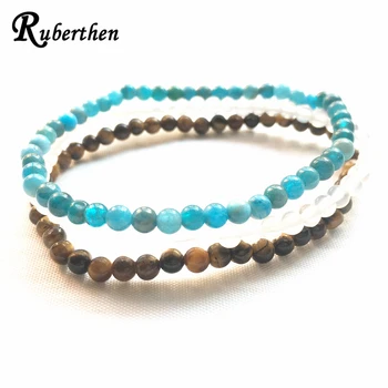

Ruberthen A Grade Blue Apatite Tiger Bracelet Set Natural White A-gate Bracelet 4 mm Mini Gem Stone Energy Bracelets