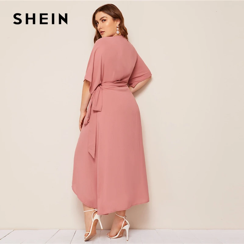 SHEIN плюс розовый размер, однотонное платье макси с запахом и поясом, женское осеннее платье-кимоно с рукавом А-силуэта, элегантные платья с высокой талией