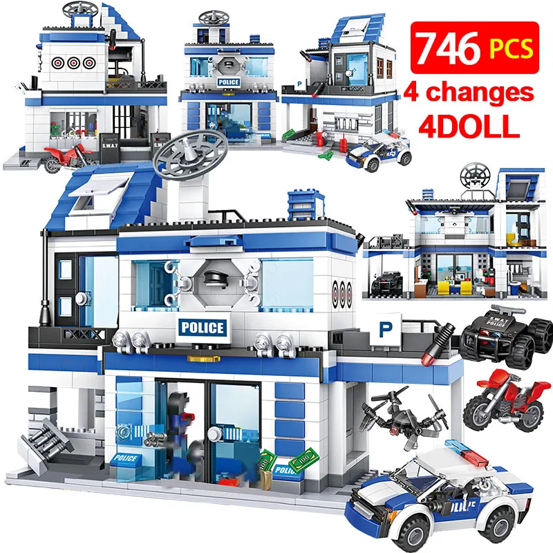 Billig 746PCS Stadt Polizei Station 4 IN 1 Bausteine Legoing Military SWAT WW2 Hubschrauber Auto Team Steine Pädagogisches Spielzeug für Kinder