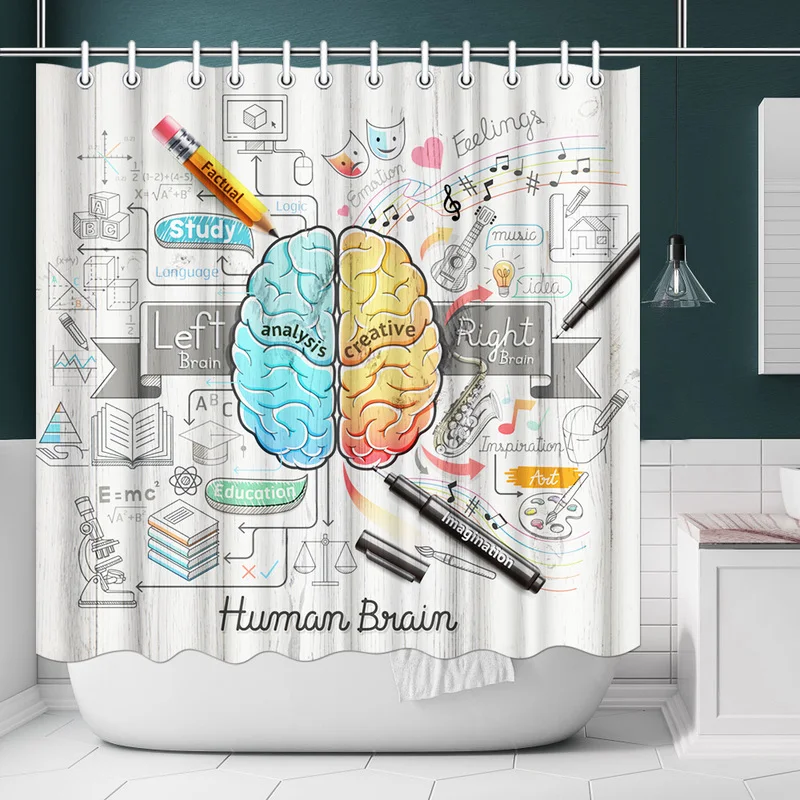 

Polyester Shower Curtain Human Brain Print Modern Style Bathroom Curtain Photo Custom Waterproof Fabric Bath Decor with Hooks