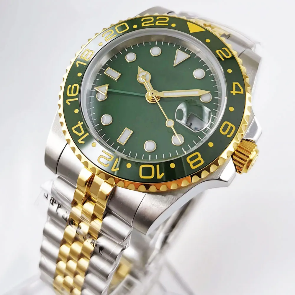

BLIGER New Arrival Green Mechanical Men Watch GMT Model Gold Coated Bezel Sapphire Glass Date Rotating Bezel