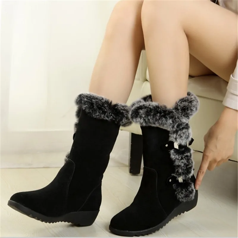 

Brown New Winter Women Casual Warm Fur Mid-Calf Boots shoes Women Slip-On Round Toe flats Snow Boots shoes Muje Plus size 687