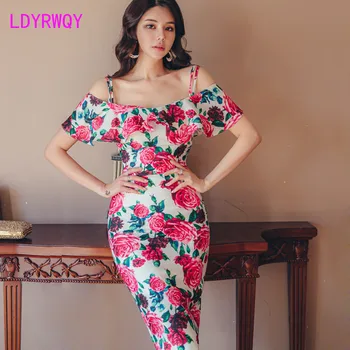 

Summer 2020 new Korean version of the ladies' ruffled sling Slim print bag hip dress