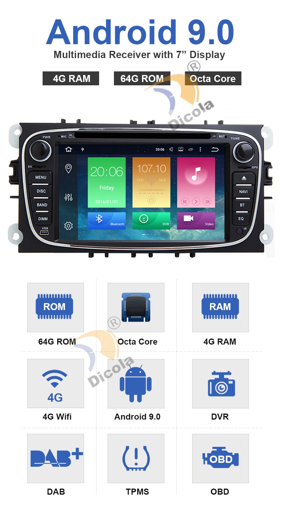 Clearance 7" IPS 4G+64G Android 9 OS Car DVD for Ford Focus II 2008-2011 & Galaxy II 2006-2011 & Kuga 2008-2012 with Built-in HDMI Output 3