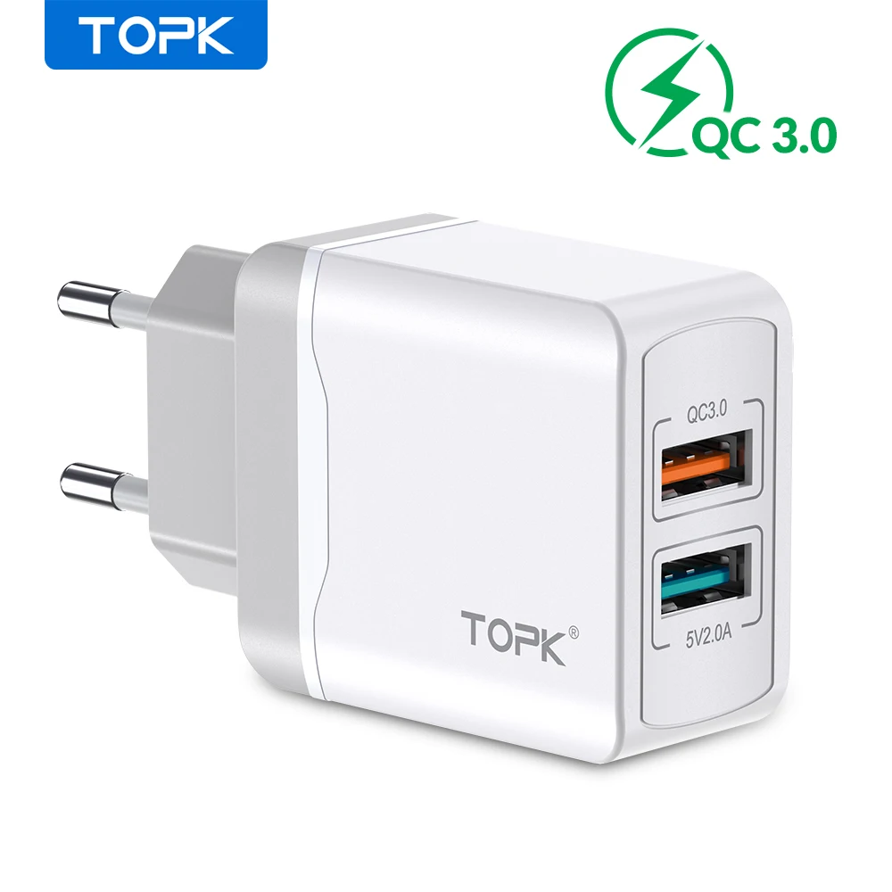 USB-переходник TOPK для зарядки устройств от сети 2 разъема европейская вилка |