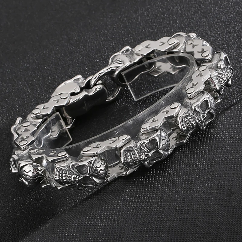 14MM Gothic Men's Bracelets With Skull Head Heavy Sturdy Punk Rock Stainless Steel Biker Chain Skullies Bracelet Male Jewelry |