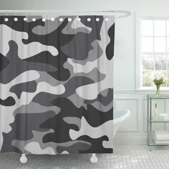 

Fabric Shower Curtain with Hooks Camouflage Pattern Classic Style Masking Camo Black Grey White Colors Winter Ice