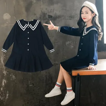 

DFXD 3-12Years Teenage Girls Dress Spring New Preppy Style Full Sleeve Ruffles Elegant Dress Fashion Kids Outfits Vestido Cotton