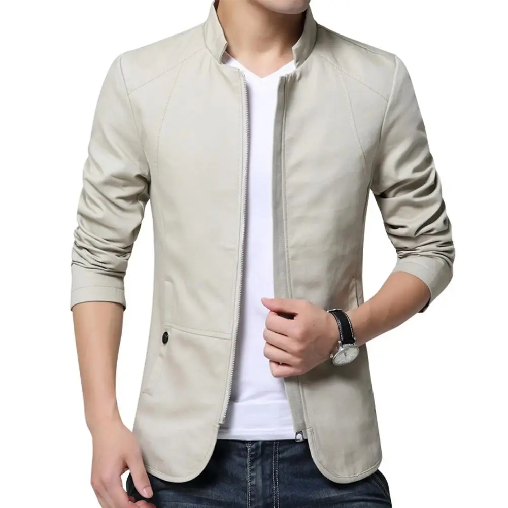 Casual Men Autumn Solid Color Stand Collar Zipper Pockets Thin Slim Blazer Coat