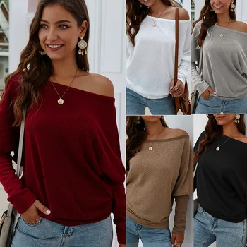 

Sexy Off Shoulder Slash Neck Knitted Sweater Women 2020 Autumn Winter Batwing Long Sleeve Casual Loose Pullover Female Plus Size
