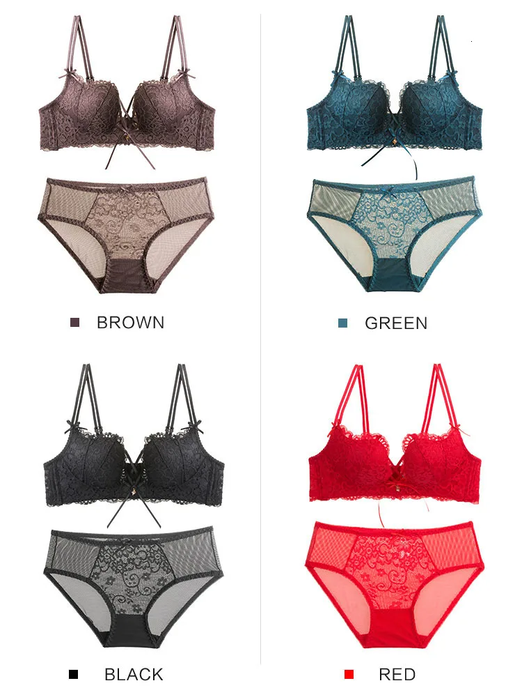 Roseheart Women Red Green Lace Trim Cross Straps Bralette Cotton Panties Push Up Bra Sets Underwear Sexy Lingerie Sets A B