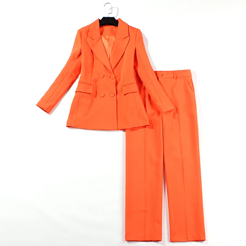 Hoge kwaliteit pak Britse stijl mode Professional OL Formele orange jasje wijde pijpen broek