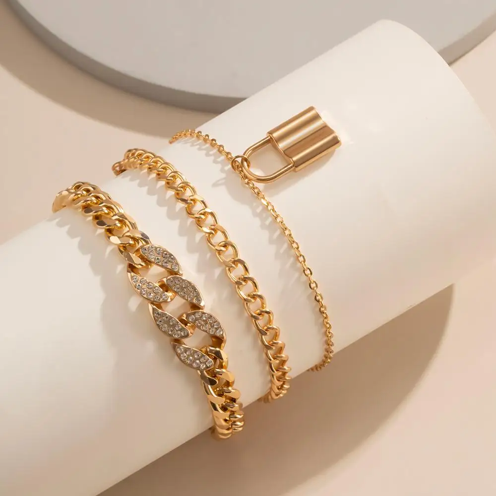 IngeSight.Z 3Pcs/Set Iced Out Rhinestone Crystal Miami Curb Cuban Anklet Padlock Pendant Anklet On Foot Barefoot Sandals Jewelry