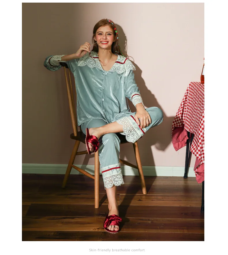 Модные бархатные женские пижамные комплекты, осенне-зимние кружевные пижамы с отложным воротником и длинными рукавами, разноцветные свободные пижамы