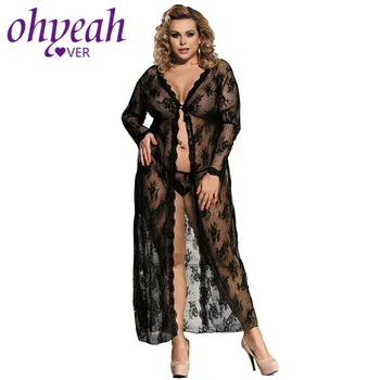

Ohyeahlover Ankle Length Womens Robes Sleepwear Black Long Sleeve Robe Feminino Longo Sexy Large Lingerie Lace Bathrobe RL80232