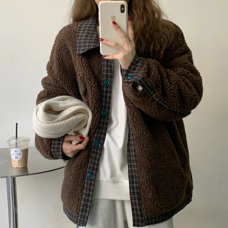 CMAZ 2021 Autumn Winter Thick Coats for Women Retro Plaid Stitching Lamb Plush Coat New Women's and Korean St | Женская одежда