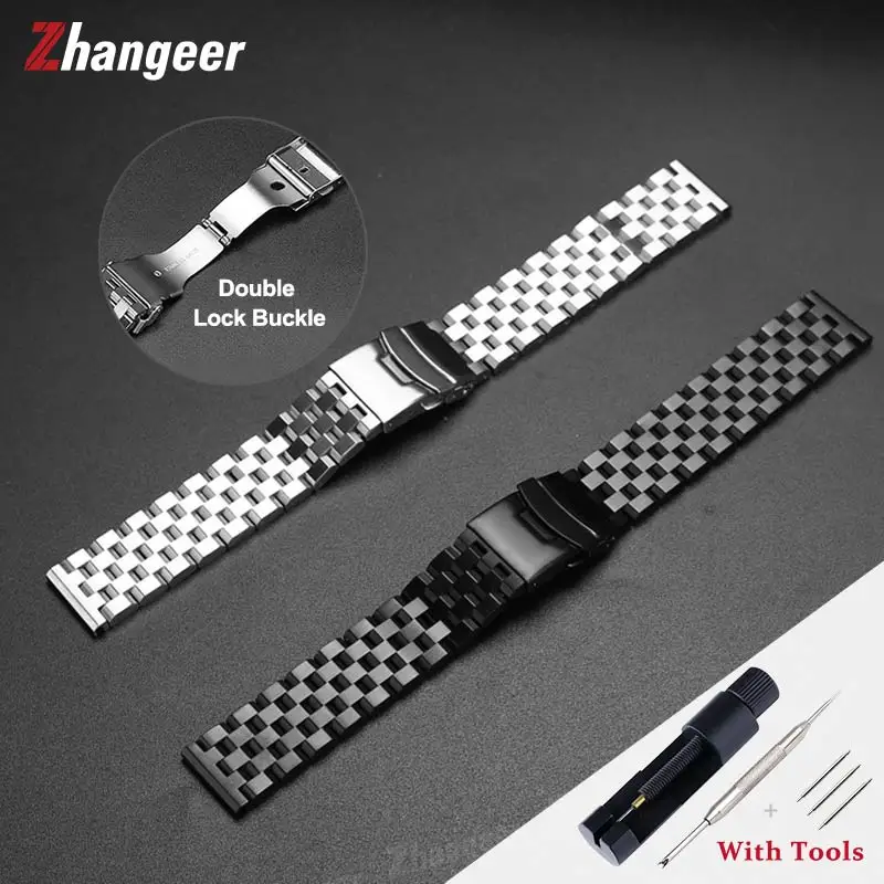 New Solid Full Stainless Steel Watch Band Flat Interface Men Women Universal Double Lock Buckle Strap 18 20 22mm 24mm With Tools