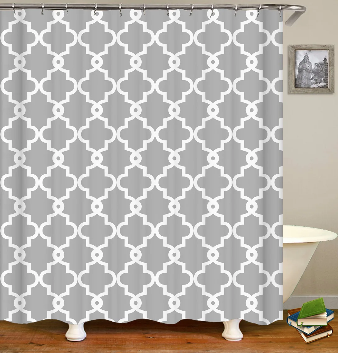 Waterproof Vintage Geometric Pattern Shower Curtain with Hooks Polyester Fabric Bathroom Curtains for Home Decorations Grey Blue|Шторы для