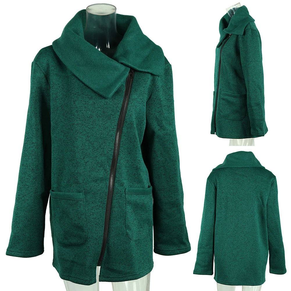 Sudadera mujer размера плюс, зимнее теплое Женское пальто с отворотом, одноцветное, на молнии, с длинным рукавом, туника, верхняя одежда
