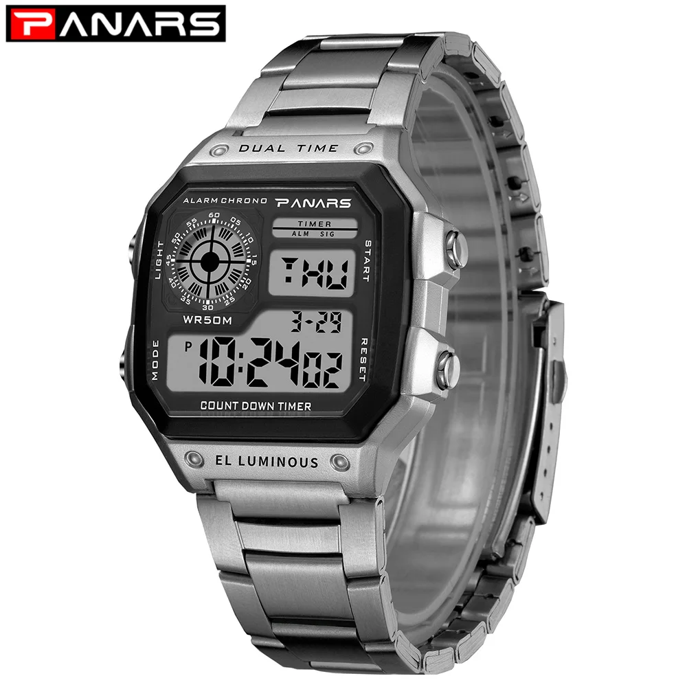 

PANARS Men Luxury Watch Waterproof Golden Stainless Steel Digital Watches LED Alarm Clock Electronic Men's Sports Watch Relogio
