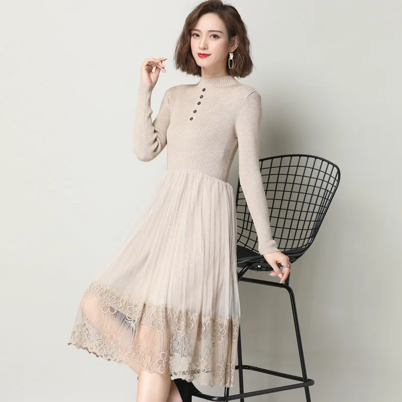 2021 female sweater pullover products Korean solid color lace stitching a-line dress autumn winter temperament knitted women | Женская