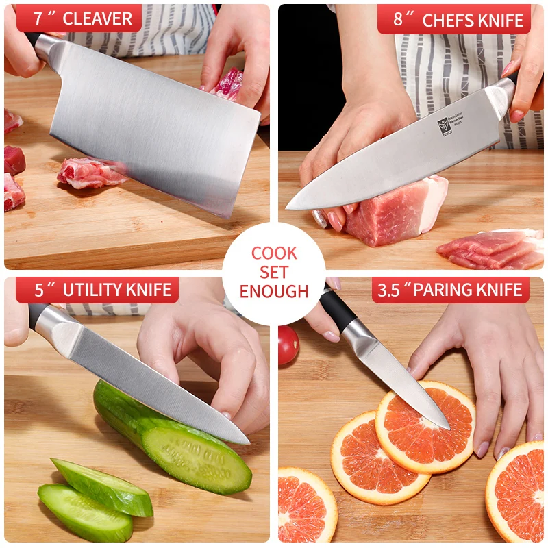 Shipping Now 8 in 1 Kitchen Knives Chefs Knife Bread Utility Paring Cleaver Knifes Set Stainless Steel Blade Sharpener Peeler