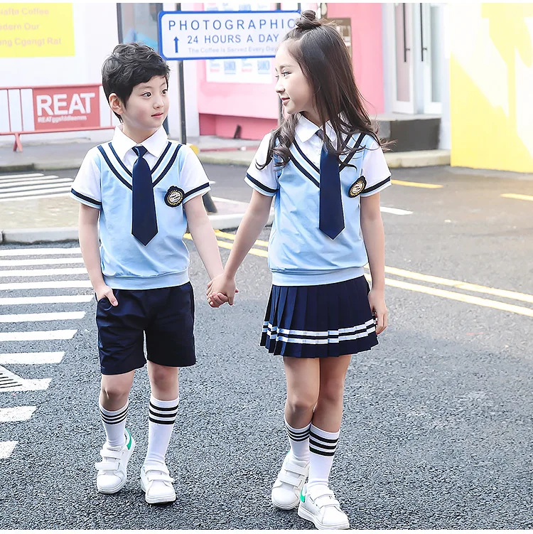 For 3-14 Children Cotton Korean Japanese Student School Uniforms Girls Boys Collar Shirt Top Pleated Skirt Shorts Tie Outfits