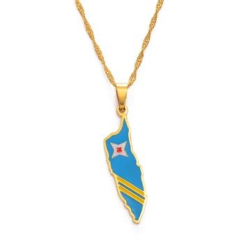 

Anniyo Aruba Map & Flag Pendant Necklace Thin Chain Gold Color Jewelry Gifts for Curacao islands #154121
