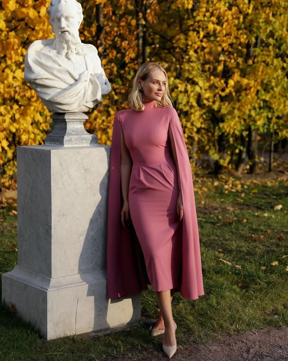 Elegant-Tea-Length-Cocktail-Dress-With-Cape-High-Neck-Simple-Party-Gowns-Women-Modest-High-Quality