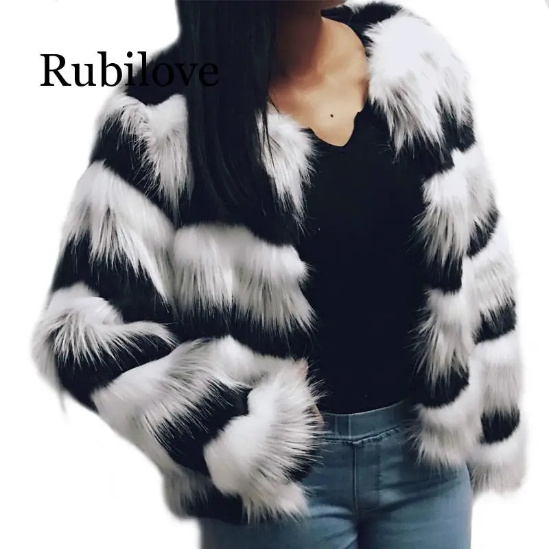 

Rubilove Plush Jacket Women Autumn Winter Elegant Fluffy Wave Line Long Sleeve Ladys Outerwear High Quality Artificial Fur Coat