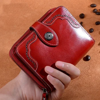 

HUGWISER New Genuine Leather Women Short Wallet Two-Fold Multi-Card Handbag Zipper Hasp Vintage Oil Wax Wallet Charming