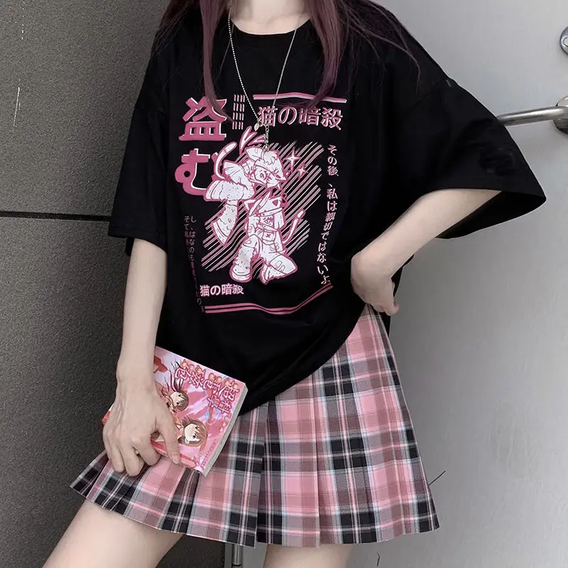미적 Camisas Mujer 하라주쿠 티셔츠 Kawaii 닌자 고양이 인쇄 검은 여름 한국 팝 Streetwear 여성 세련된 캐주얼 탑스 티셔츠