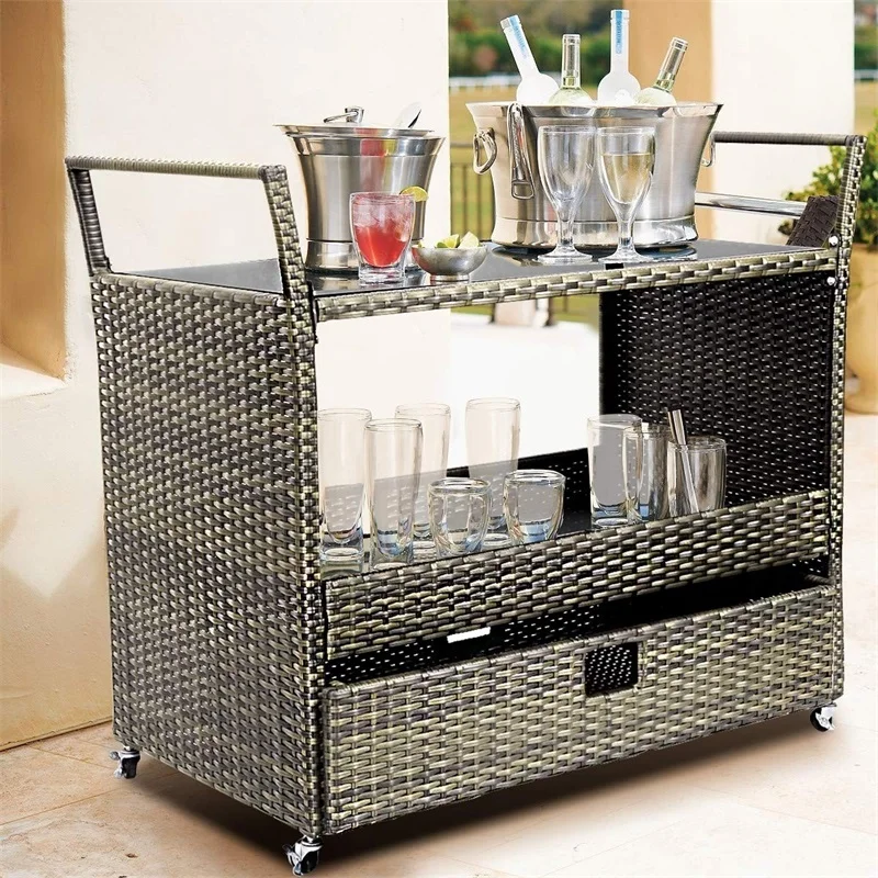 

Rolling Portable Rattan Wicker Kitchen Trolley Cart Smart and Compact Design Tempered Glass Top PE Rattan Cart HW54723
