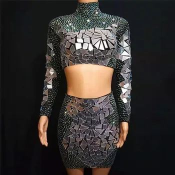

Nightclub Dresses Shining AB Rhinestones Silver Mirrors Dress Sexy Dance Costume Performance Stage Wear Birthday Party Outfits