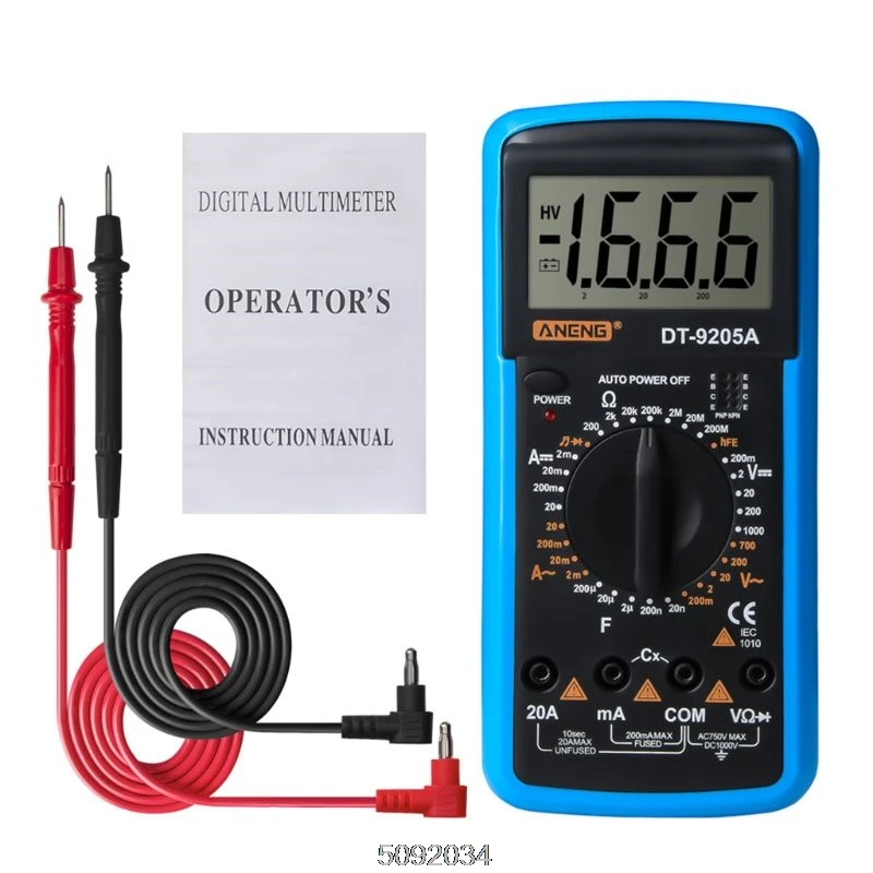 9FF100565-BL DT9205A Цифровой мультиметр hFE AC DC триодное сопротивление диода Amp электрический тестер - Цвет: 9FF100565-BL