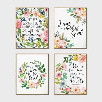 

Floral Posters Watercolor Art Canvas Prints , Christian Art God Quote Painting Pink Bible Verse Picture Baby Room Wall Art Decor