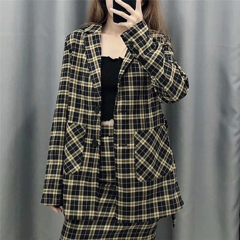 Женский стильный офисный женский пиджак с поясом в клетку, желтый блейзер с длинным рукавом, верхняя одежда, шикарные топы