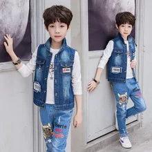 Г. Детская осенняя одежда; стиль; детская одежда для больших мальчиков; джинсовый жилет в Корейском стиле с пятиконечной звездой на спине