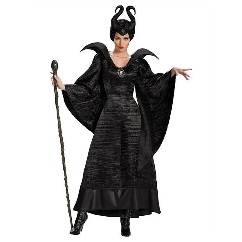 Black Long sleeve Carnival Lady Maleficent Costume Fairy Demon Evil Witch Cosplay Halloween Party Fancy Dress Plus Size Costume